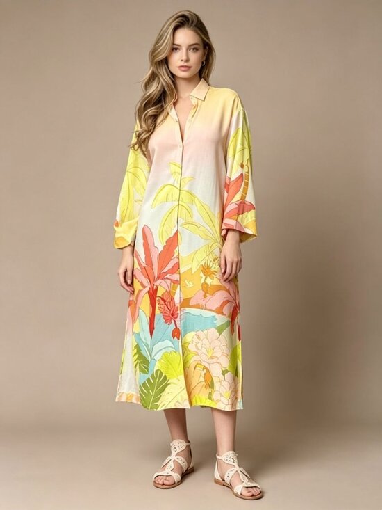 Farm Rio Dresses & Skirts - NWOT Farm Rio Linen blend Floral Midi Shirt Dress Size XL Hawaiian Tropical
